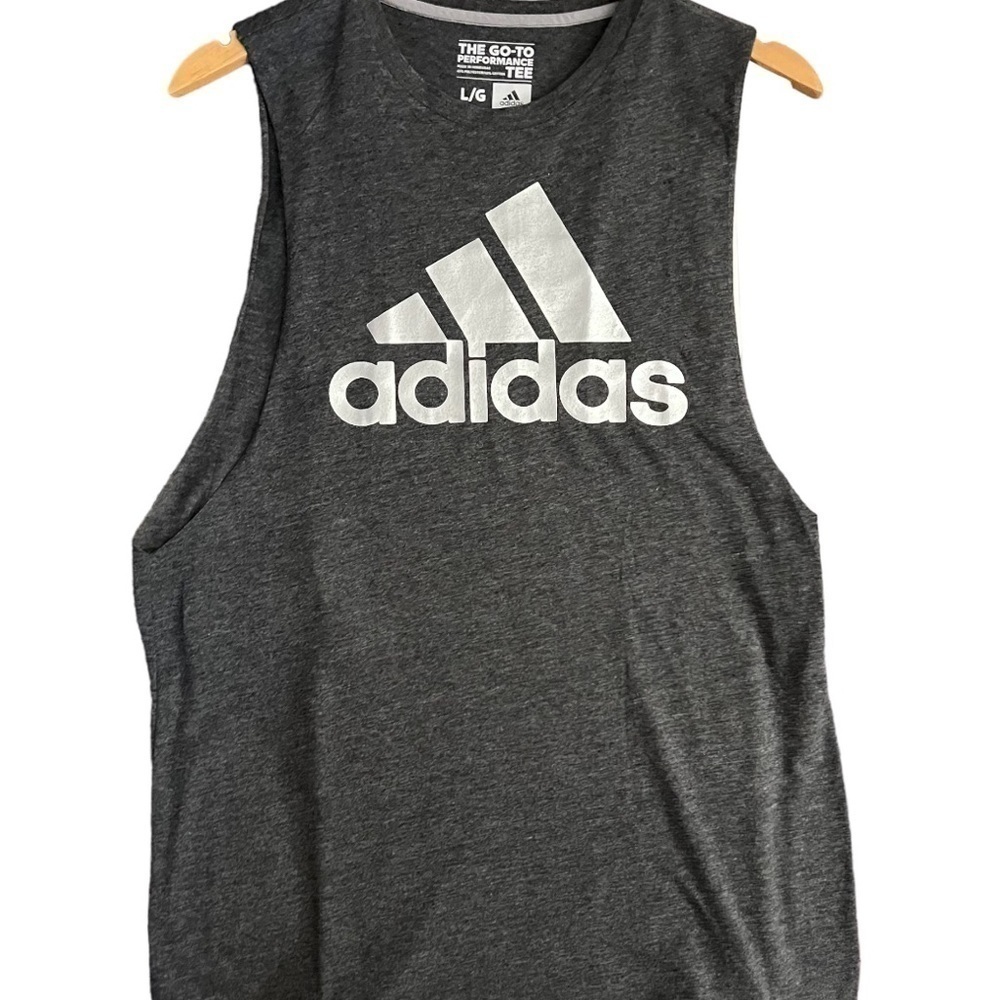 ADIDAS Women’s Dark Gray Heather Logo Shiny Foil Muscle Tank New With Tags